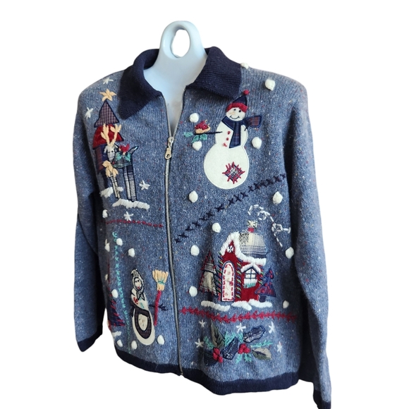 VTG Festive BP Design Embroidered Patchwork Blue Heather Zip Christmas Sweater M - Picture 3 of 15